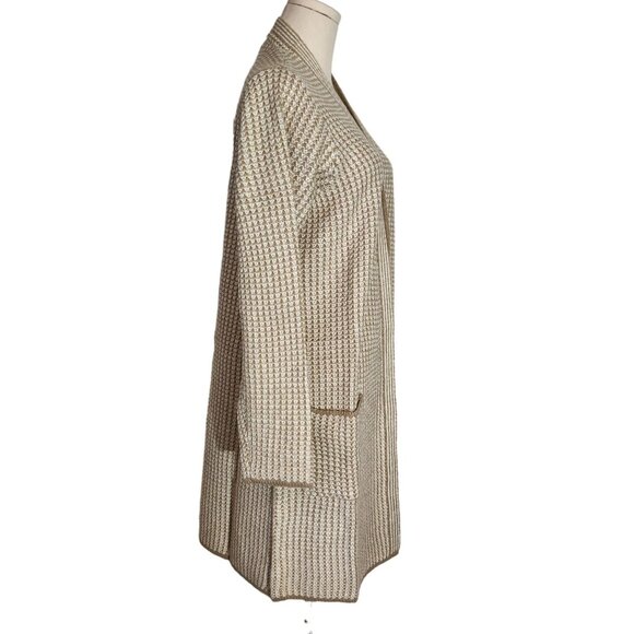 Fortune & Ivy White & Taupe Stripped Long Open Cardigan Women's Size L - Picture 2 of 15